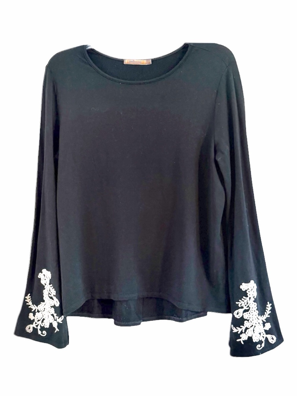 Redhaute Black Boho Long Sleeve Top White Floral Embroidered Split Cuff Small